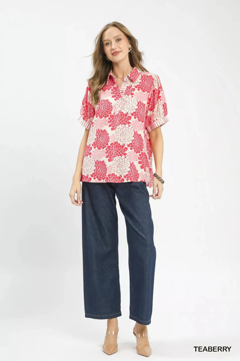 Umgee Floral Collared Short Sleeve Blouse - 