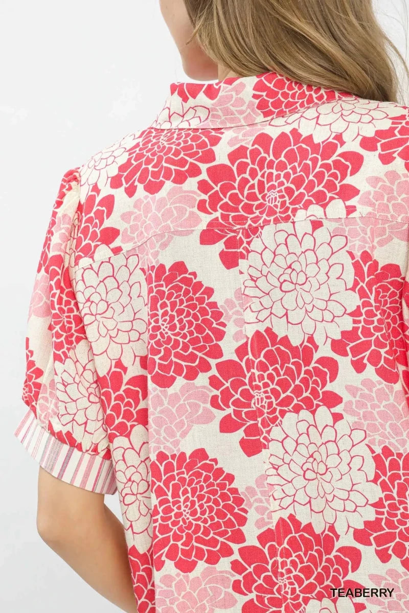 Umgee Floral Collared Short Sleeve Blouse - 