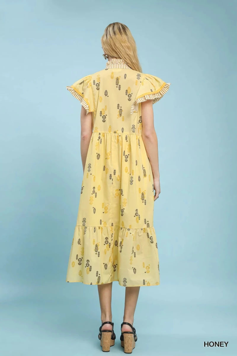 Umgee Floral Ruffle Sleeve Tiered Midi Dress - 