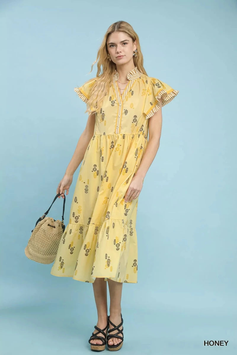 Umgee Floral Ruffle Sleeve Tiered Midi Dress - 