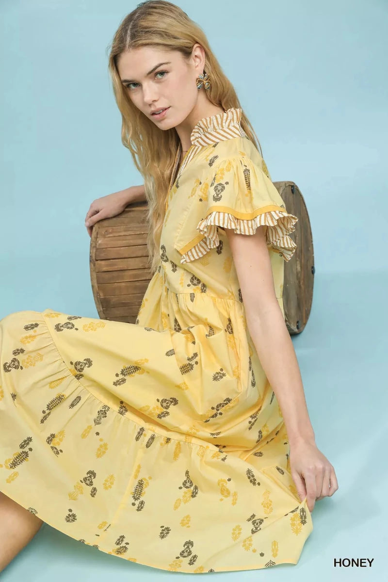 Umgee Floral Ruffle Sleeve Tiered Midi Dress - 