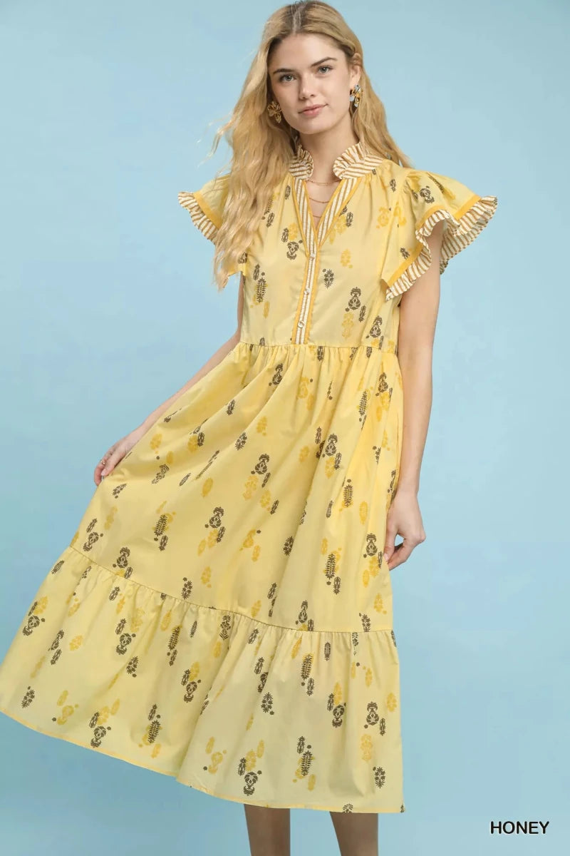 Umgee Floral Ruffle Sleeve Tiered Midi Dress - 