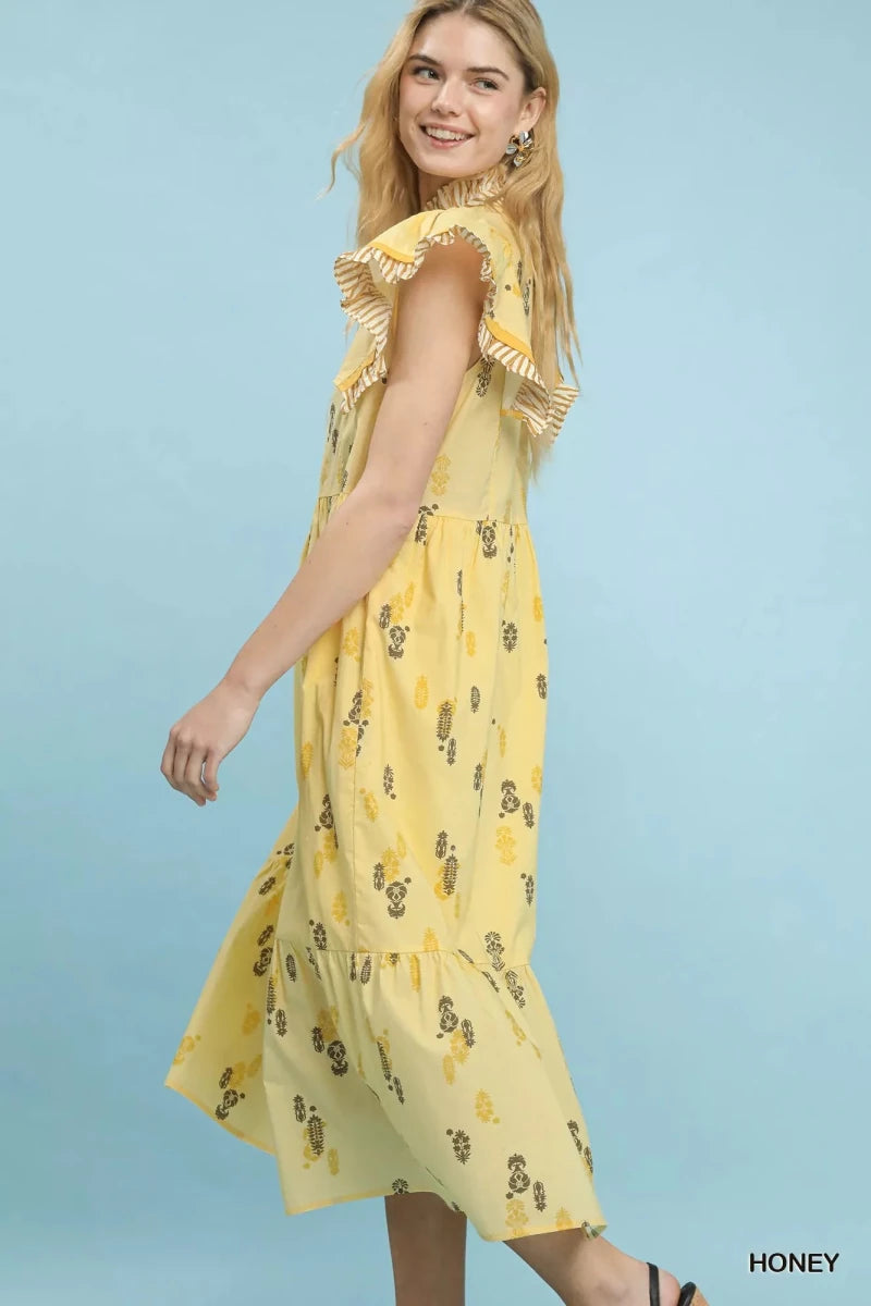 Umgee Floral Ruffle Sleeve Tiered Midi Dress - 