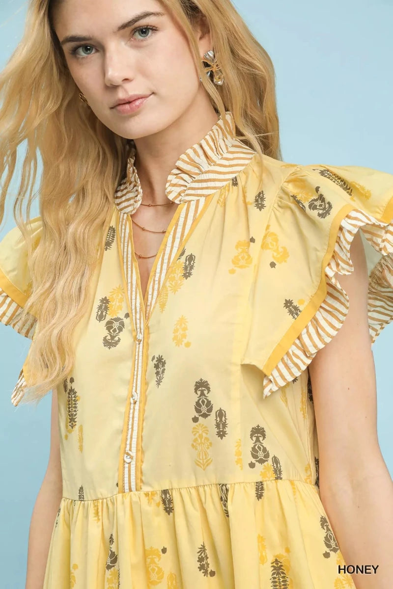 Umgee Floral Ruffle Sleeve Tiered Midi Dress - 