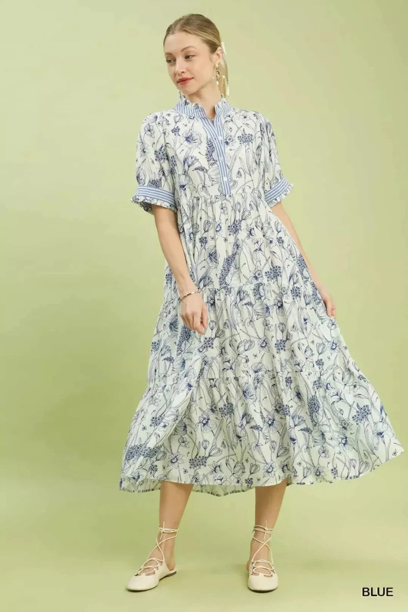 Umgee Floral Tiered Midi Dress with Ruffle Trim - 