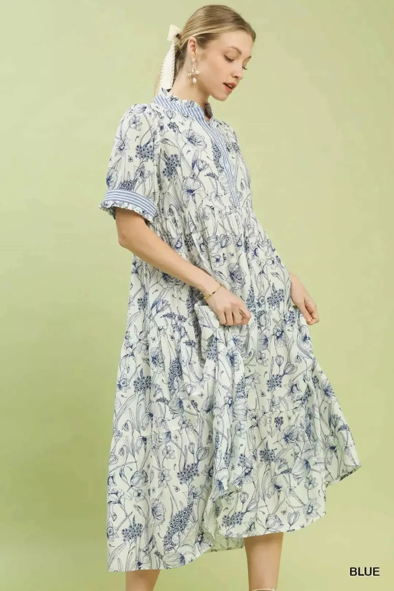 Umgee Floral Tiered Midi Dress with Ruffle Trim - 