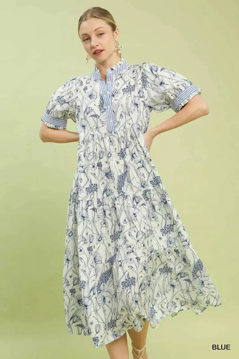 Umgee Floral Tiered Midi Dress with Ruffle Trim - 