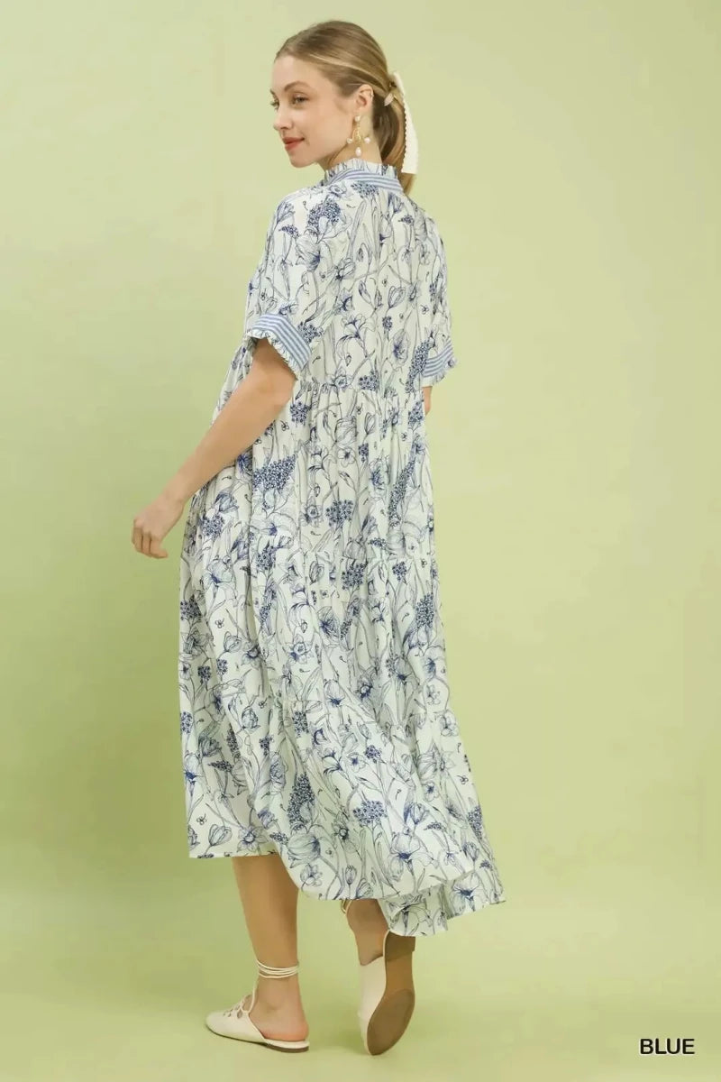 Umgee Floral Tiered Midi Dress with Ruffle Trim - 
