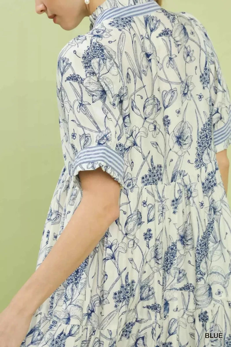Umgee Floral Tiered Midi Dress with Ruffle Trim - 