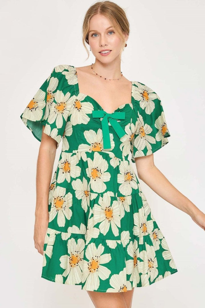 Umgee Full Size Daisy Print Mini Dress with Ribbon Details Plus Size - New Arrivals