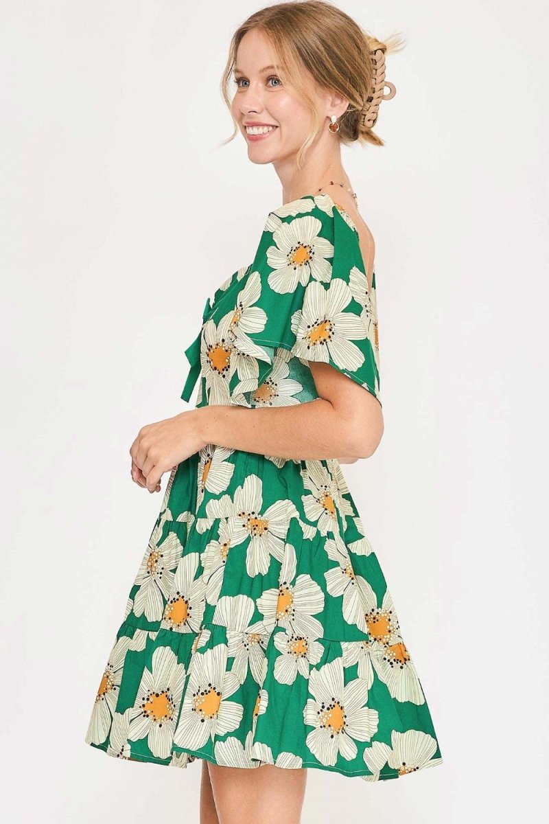 Umgee Full Size Daisy Print Mini Dress with Ribbon Details Plus Size - New Arrivals