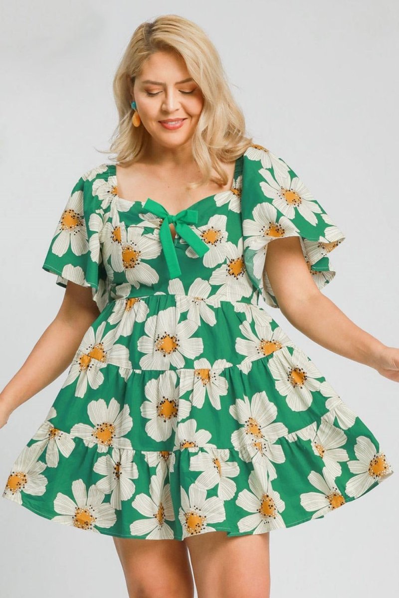 Umgee Full Size Daisy Print Mini Dress with Ribbon Details Plus Size - New Arrivals