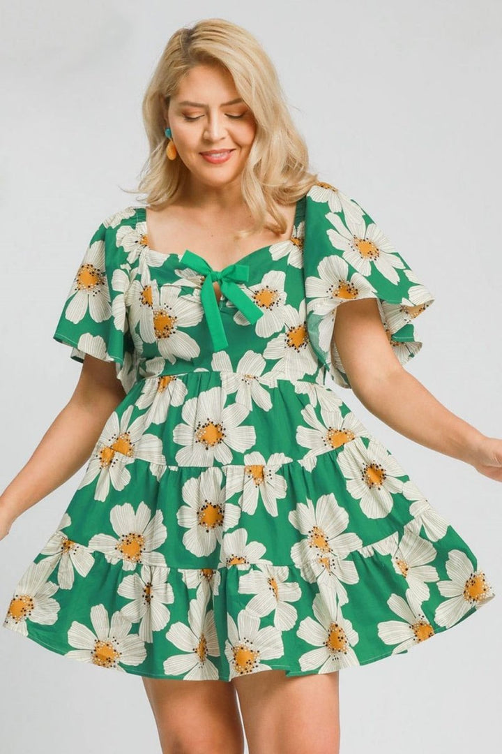 Umgee Full Size Daisy Print Mini Dress with Ribbon Details Plus Size - New Arrivals