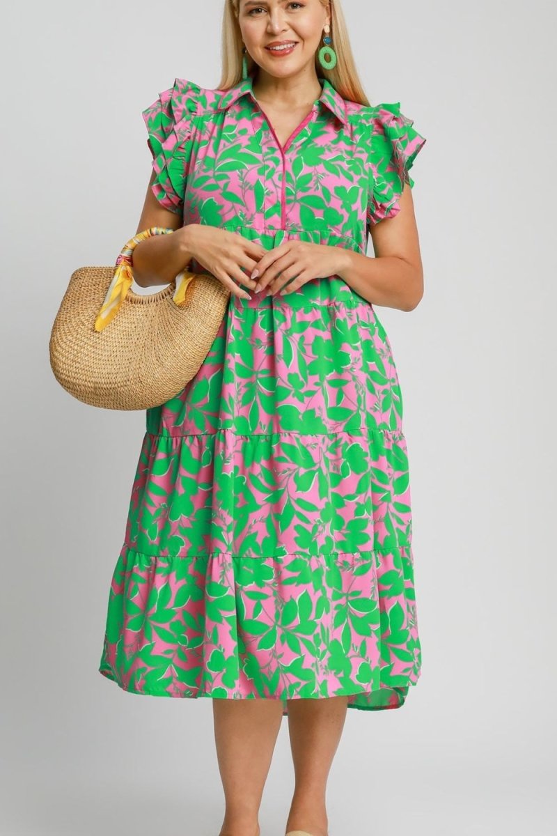 Umgee Full Size Floral Collared Ruffle Cap Sleeve Midi Dress Plus Size - New Arrivals