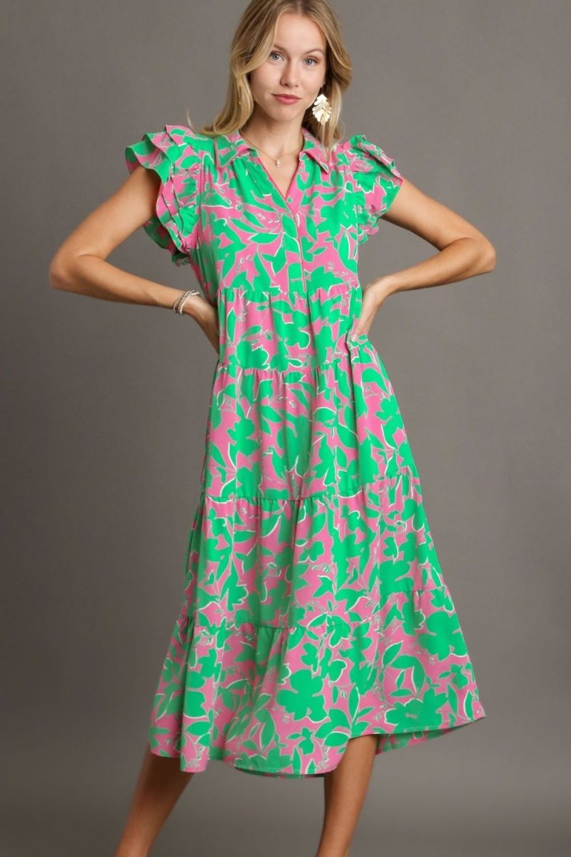 Umgee Full Size Floral Collared Ruffle Cap Sleeve Midi Dress Plus Size - New Arrivals