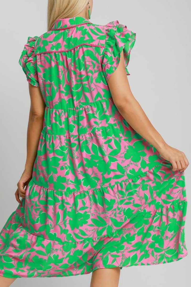Umgee Full Size Floral Collared Ruffle Cap Sleeve Midi Dress Plus Size - New Arrivals