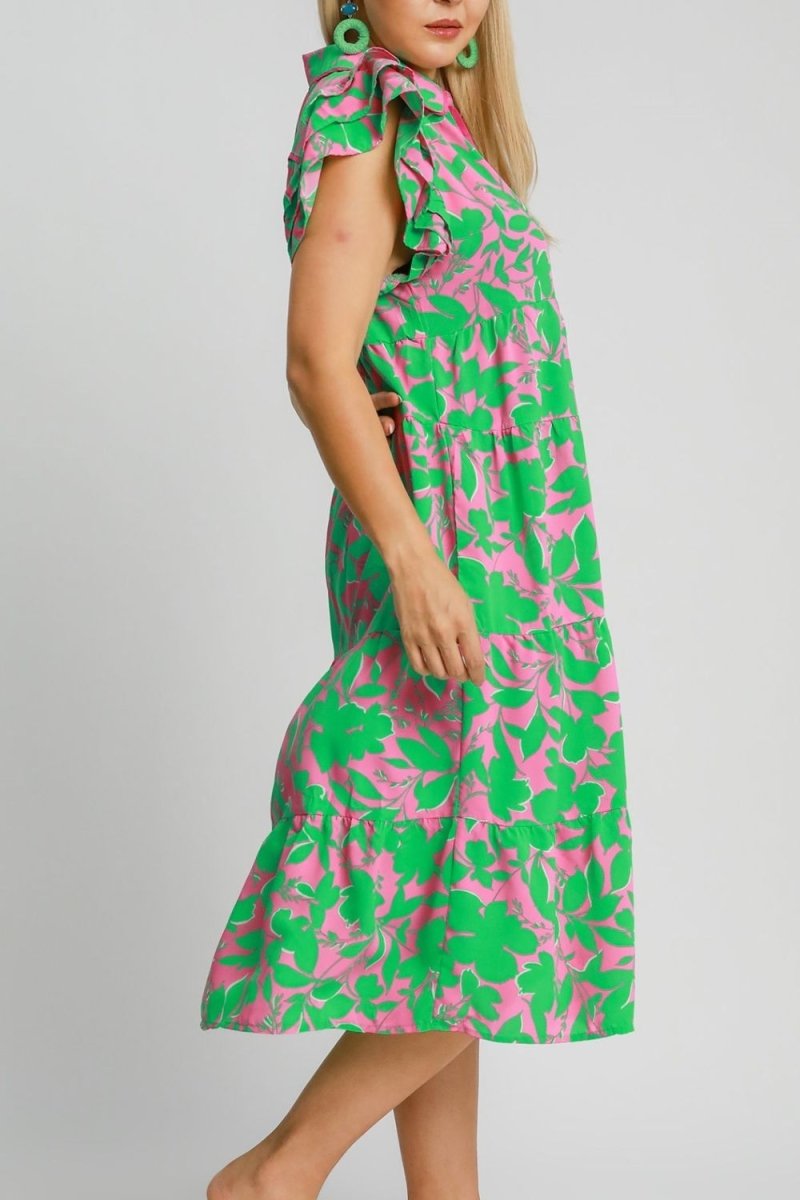 Umgee Full Size Floral Collared Ruffle Cap Sleeve Midi Dress Plus Size - New Arrivals
