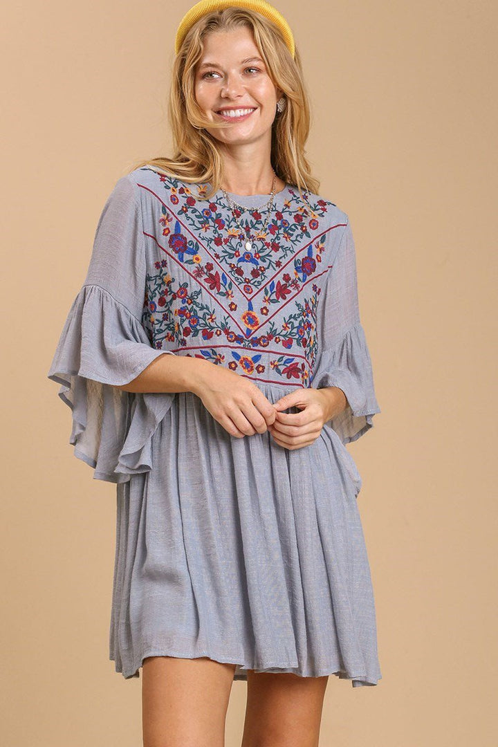 Umgee Full Size Floral Embroidered 3/4 Bell Sleeve Keyhole Dress Plus Size - New Arrivals