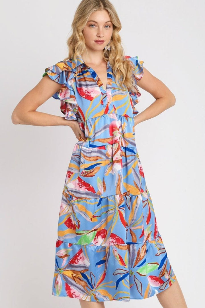 Umgee Full Size Leaf Print Double Layered Ruffle Sleeve Tiered Midi Dress Plus Size - New Arrivals