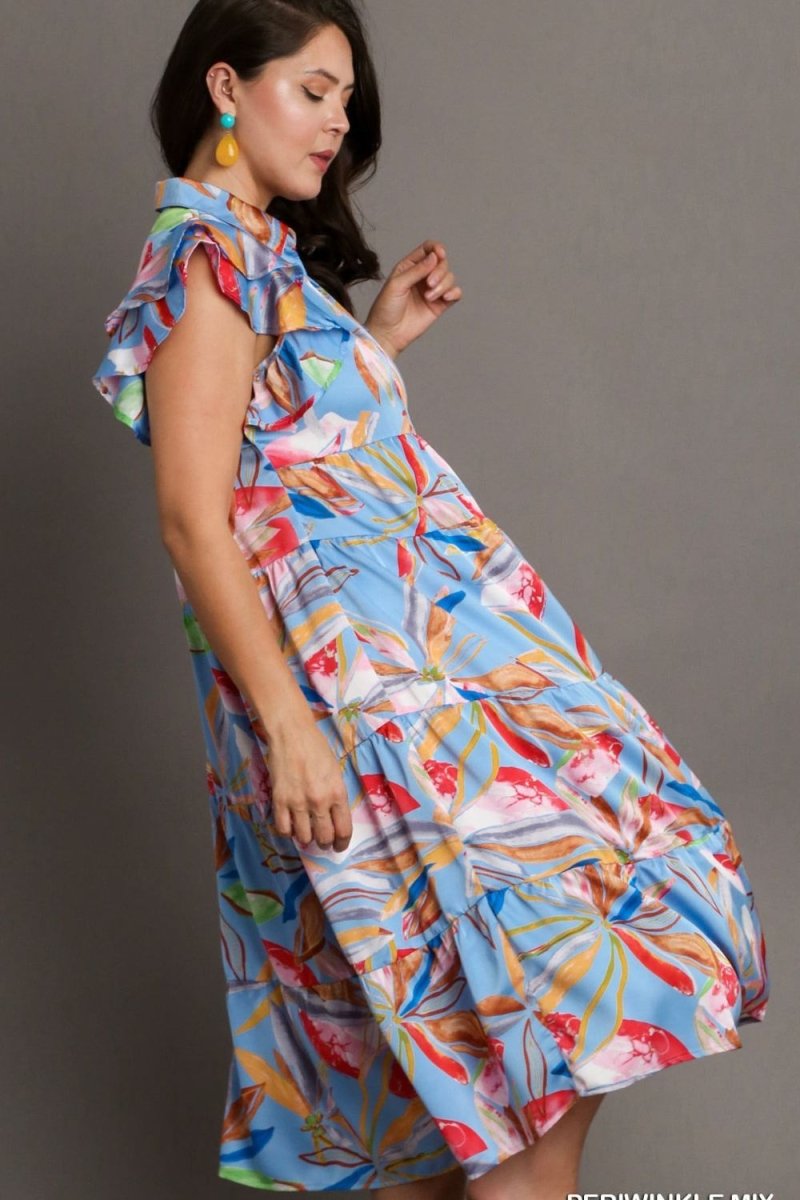Umgee Full Size Leaf Print Double Layered Ruffle Sleeve Tiered Midi Dress Plus Size - New Arrivals