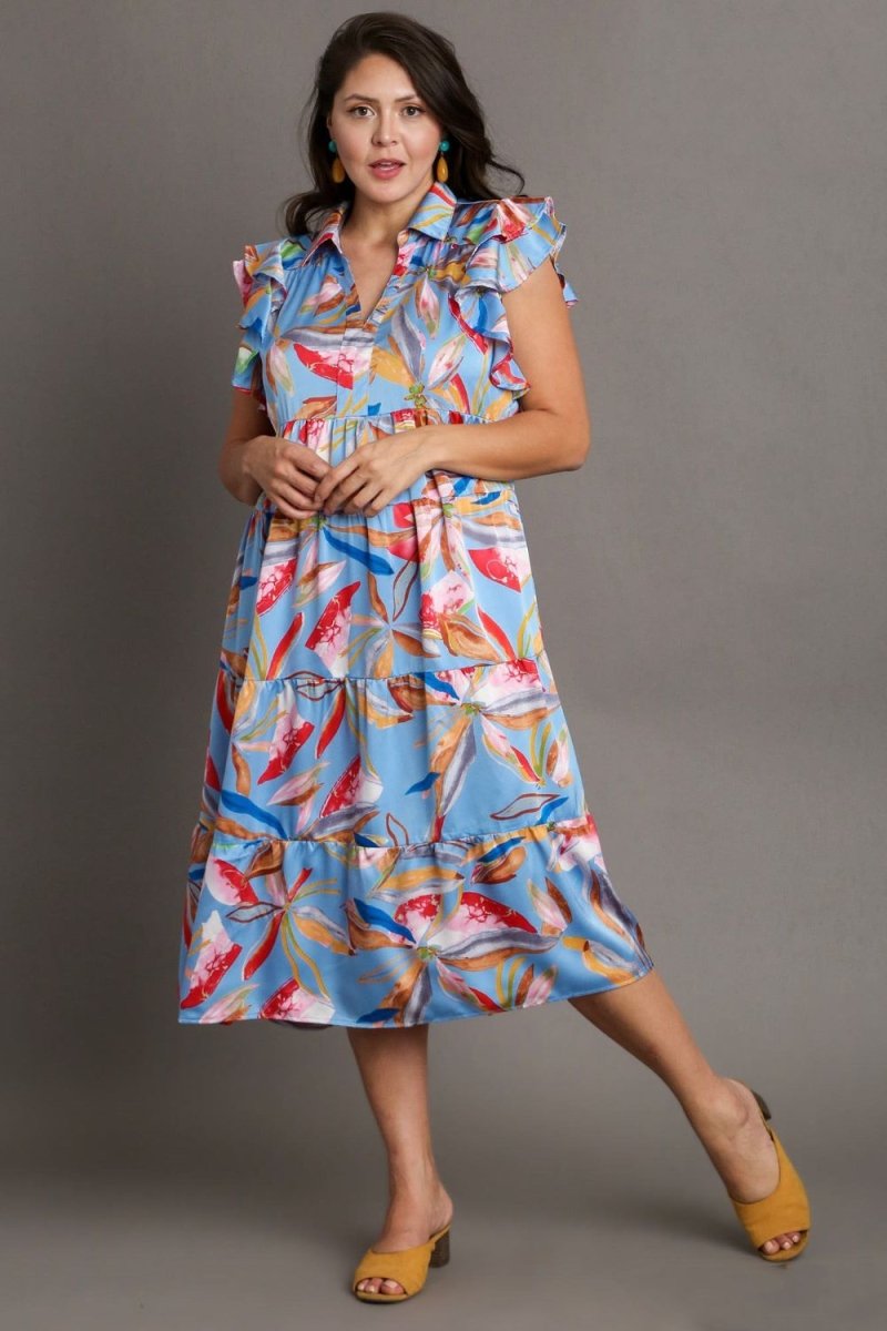 Umgee Full Size Leaf Print Double Layered Ruffle Sleeve Tiered Midi Dress Plus Size - New Arrivals