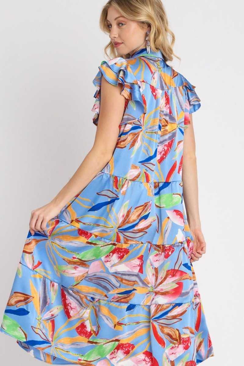 Umgee Full Size Leaf Print Double Layered Ruffle Sleeve Tiered Midi Dress Plus Size - New Arrivals
