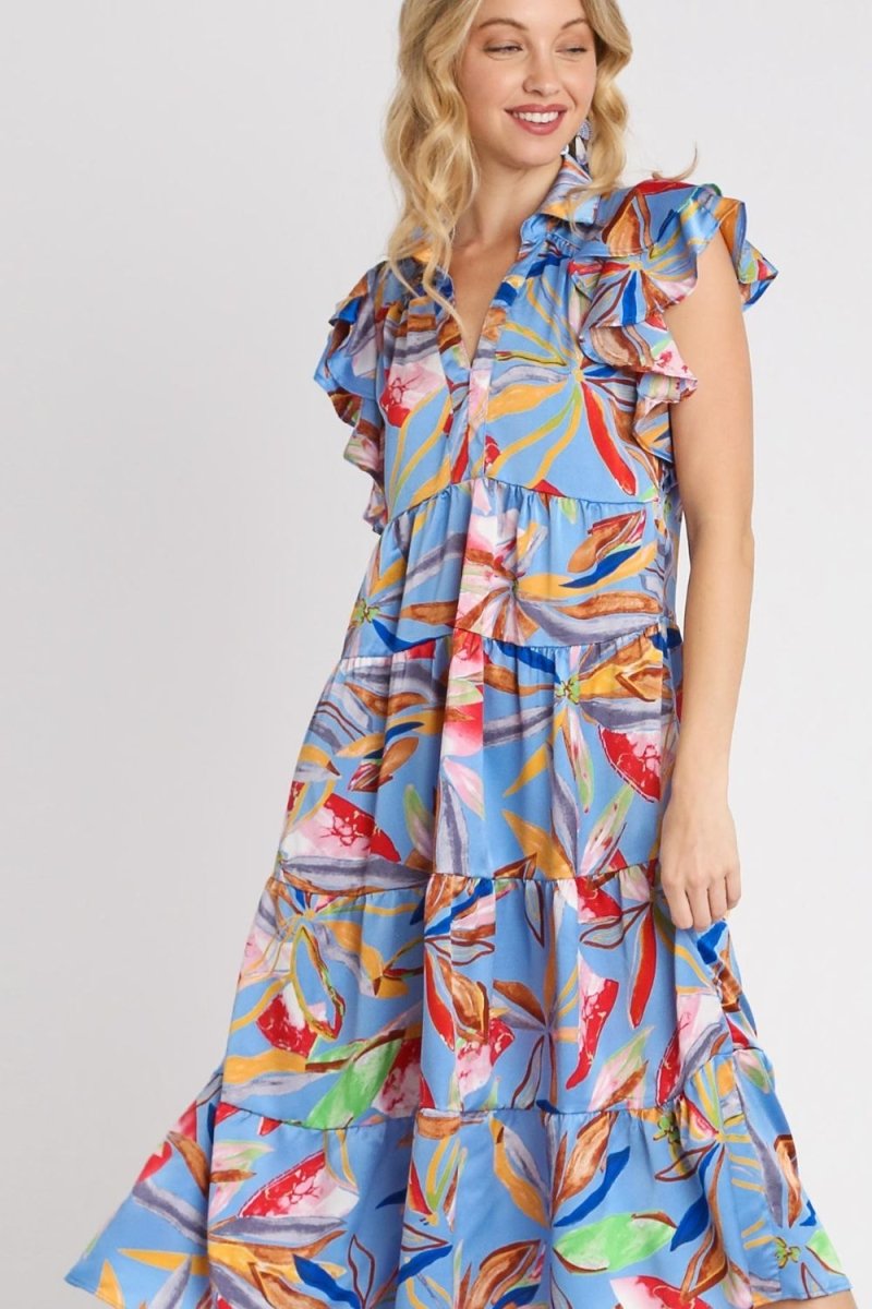 Umgee Full Size Leaf Print Double Layered Ruffle Sleeve Tiered Midi Dress Plus Size - New Arrivals