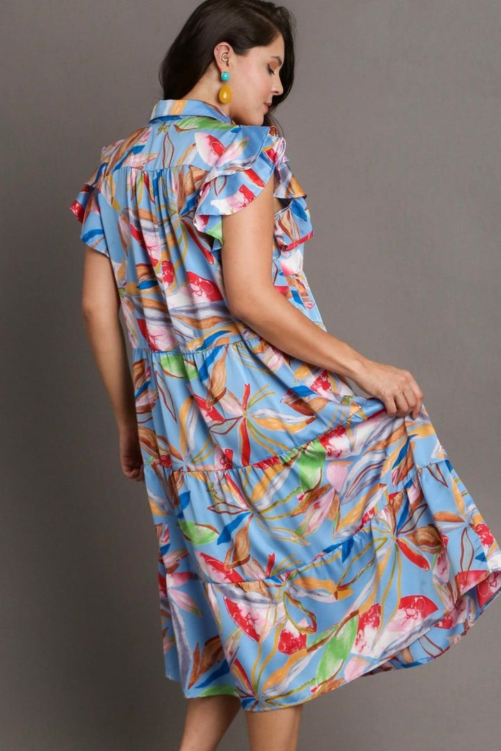 Umgee Full Size Leaf Print Double Layered Ruffle Sleeve Tiered Midi Dress Plus Size - New Arrivals