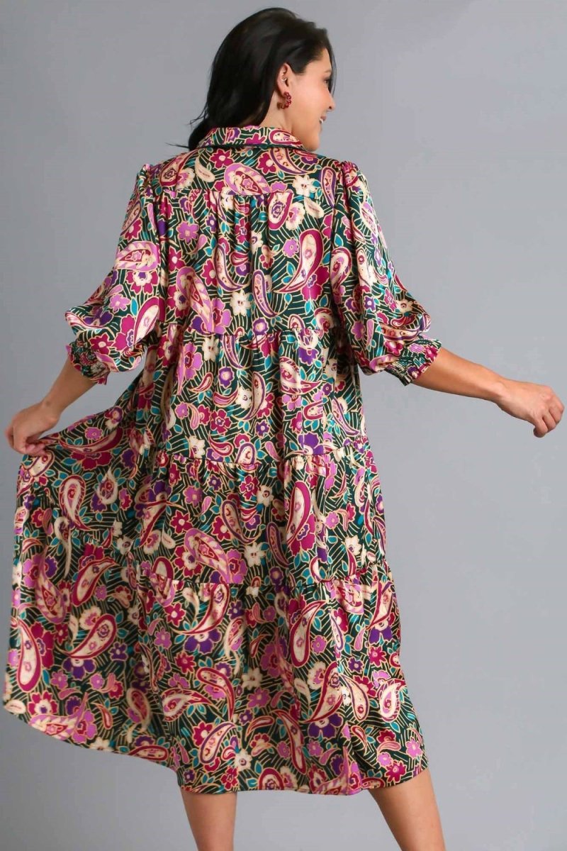Umgee Full Size Paisley Print Satin Tiered Midi Dress Plus Size - New Arrivals