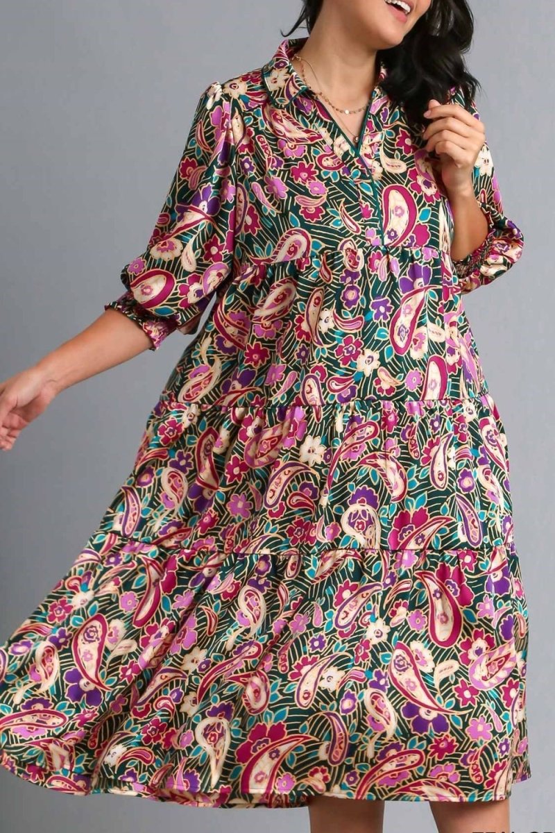 Umgee Full Size Paisley Print Satin Tiered Midi Dress Plus Size - New Arrivals