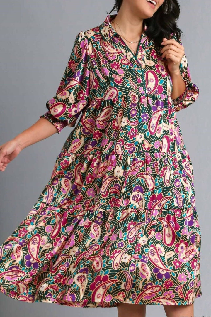 Umgee Full Size Paisley Print Satin Tiered Midi Dress Plus Size - New Arrivals