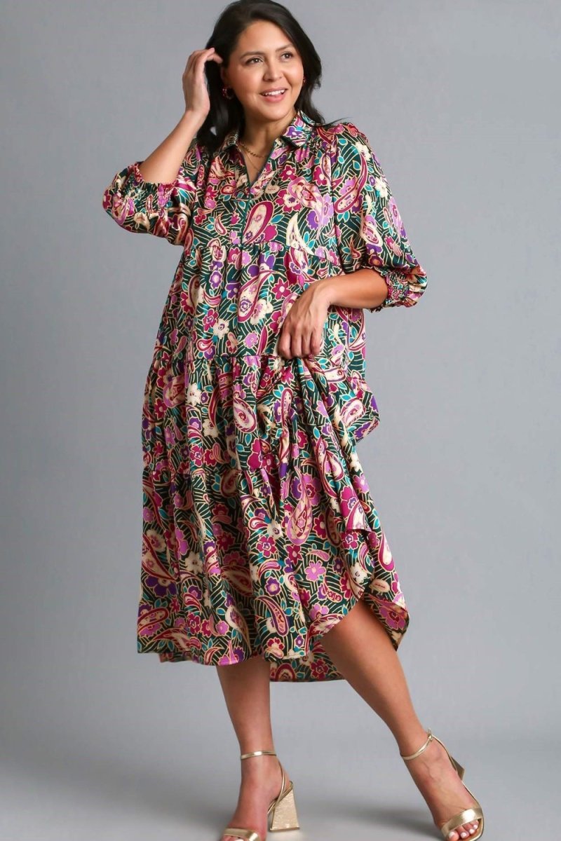 Umgee Full Size Paisley Print Satin Tiered Midi Dress Plus Size - New Arrivals