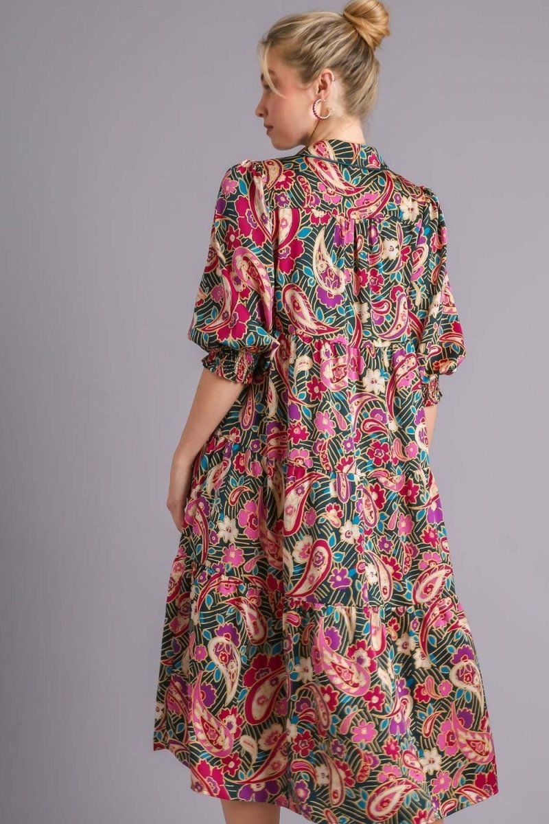 Umgee Full Size Paisley Print Satin Tiered Midi Dress Plus Size - New Arrivals