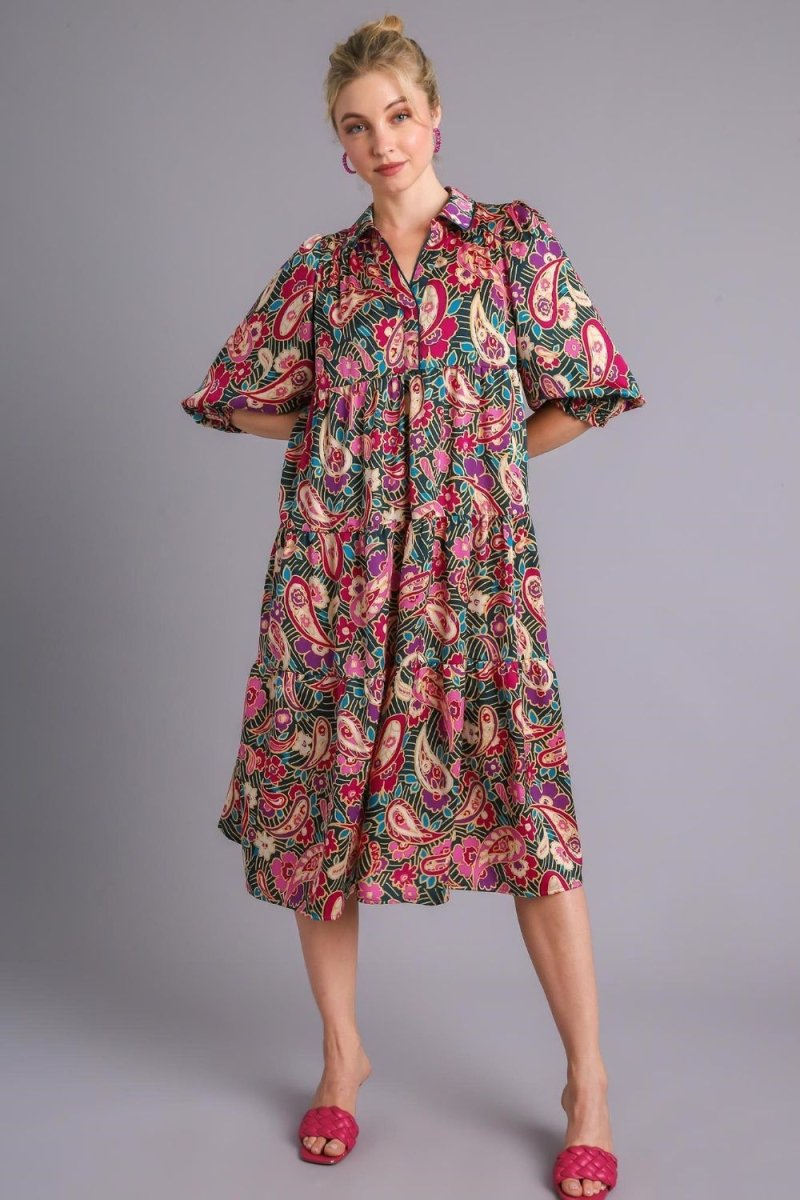 Umgee Full Size Paisley Print Satin Tiered Midi Dress Plus Size - New Arrivals