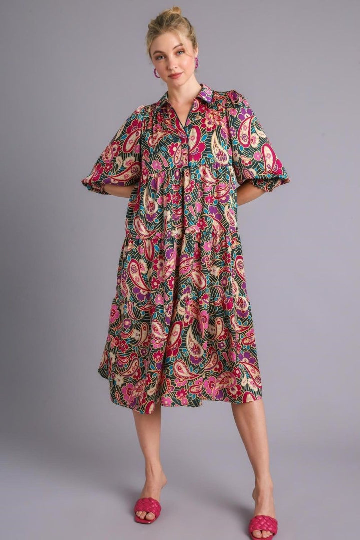 Umgee Full Size Paisley Print Satin Tiered Midi Dress Plus Size - New Arrivals