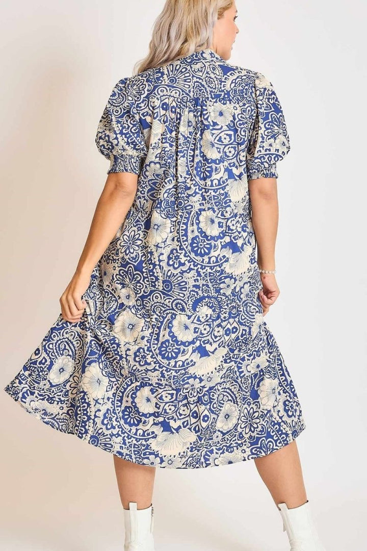 Umgee Full Size Printed Smocked Cuff Puff Sleeve Midi Dress Plus Size - New Arrivals