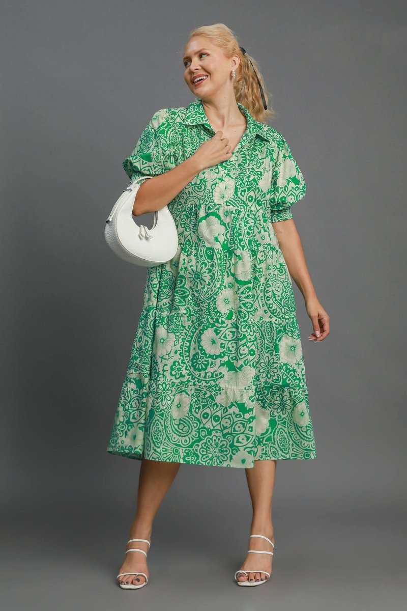 Umgee Full Size Printed Smocked Cuff Puff Sleeve Midi Dress Plus Size - New Arrivals