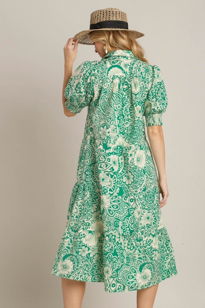 Umgee Full Size Printed Smocked Cuff Puff Sleeve Midi Dress Plus Size - New Arrivals
