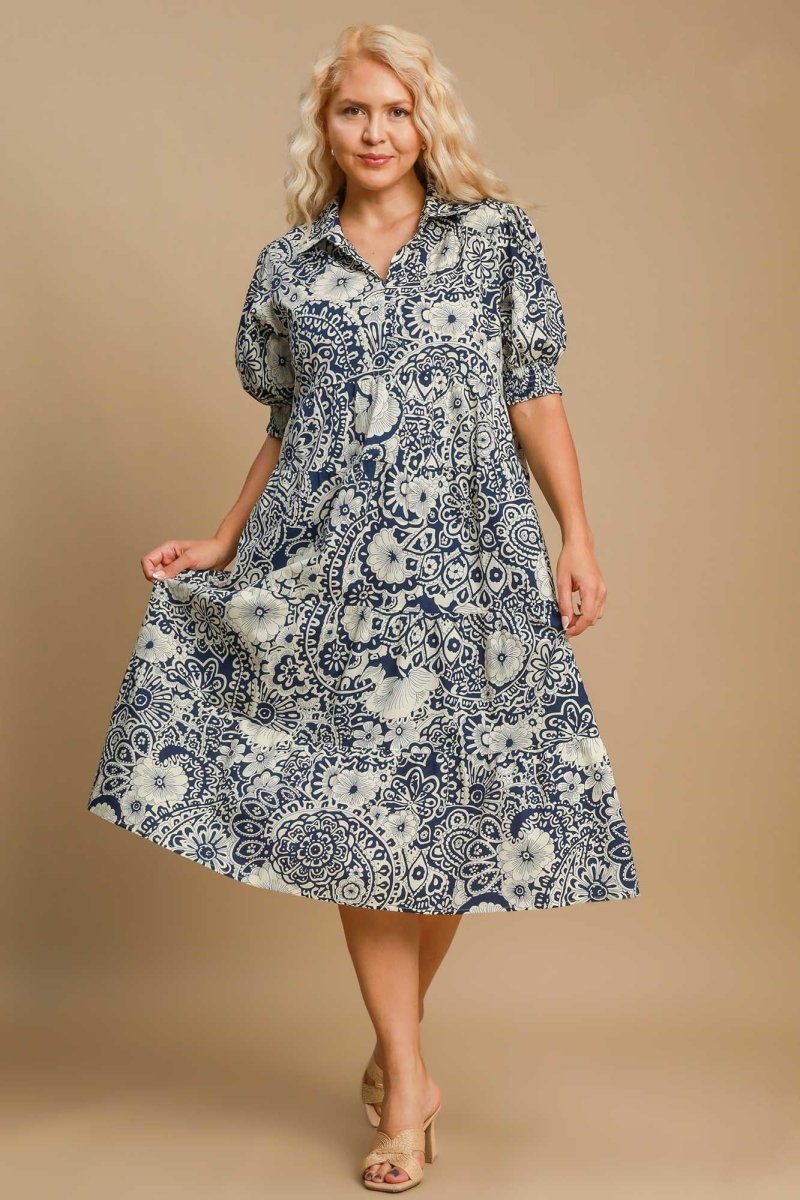 Umgee Full Size Printed Smocked Cuff Puff Sleeve Midi Dress Plus Size - New Arrivals