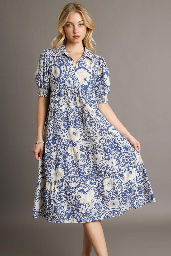 Umgee Full Size Printed Smocked Cuff Puff Sleeve Midi Dress Plus Size - New Arrivals