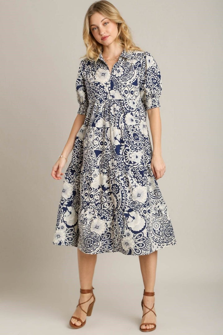 Umgee Full Size Printed Smocked Cuff Puff Sleeve Midi Dress Plus Size - New Arrivals