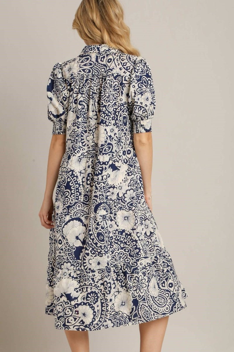 Umgee Full Size Printed Smocked Cuff Puff Sleeve Midi Dress Plus Size - New Arrivals