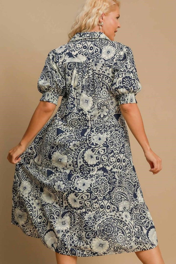Umgee Full Size Printed Smocked Cuff Puff Sleeve Midi Dress Plus Size - New Arrivals