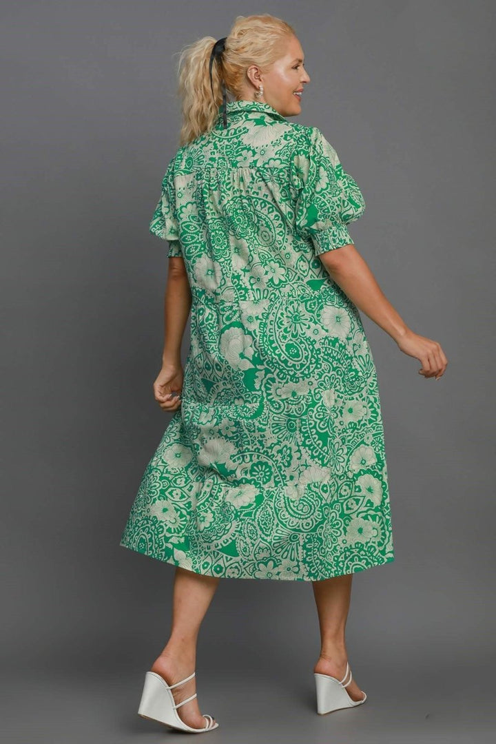 Umgee Full Size Printed Smocked Cuff Puff Sleeve Midi Dress Plus Size - New Arrivals