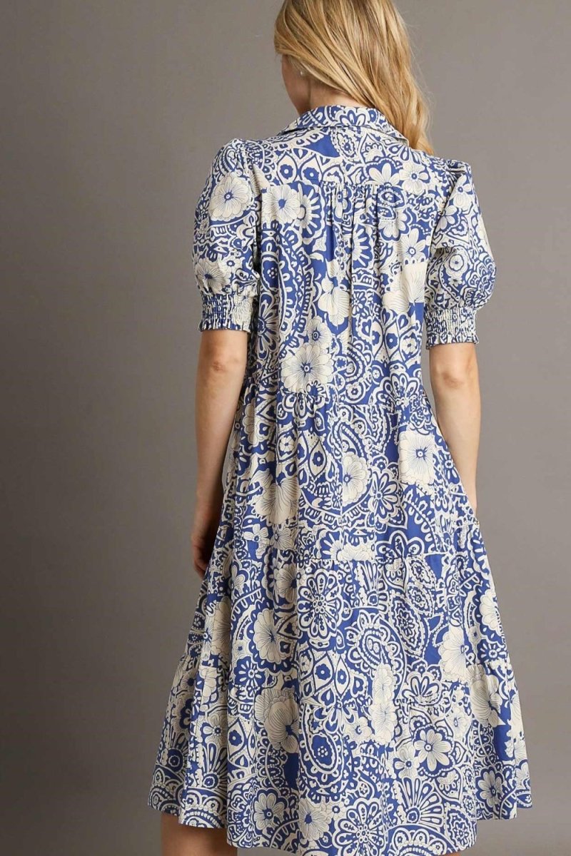 Umgee Full Size Printed Smocked Cuff Puff Sleeve Midi Dress Plus Size - New Arrivals