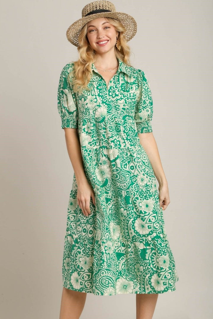 Umgee Full Size Printed Smocked Cuff Puff Sleeve Midi Dress Plus Size - New Arrivals