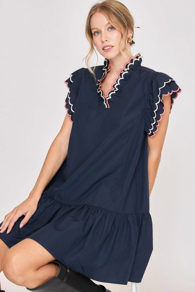 Umgee Full Size Ruffled Scalloped Sleeved Dress Plus Size - New Arrivals