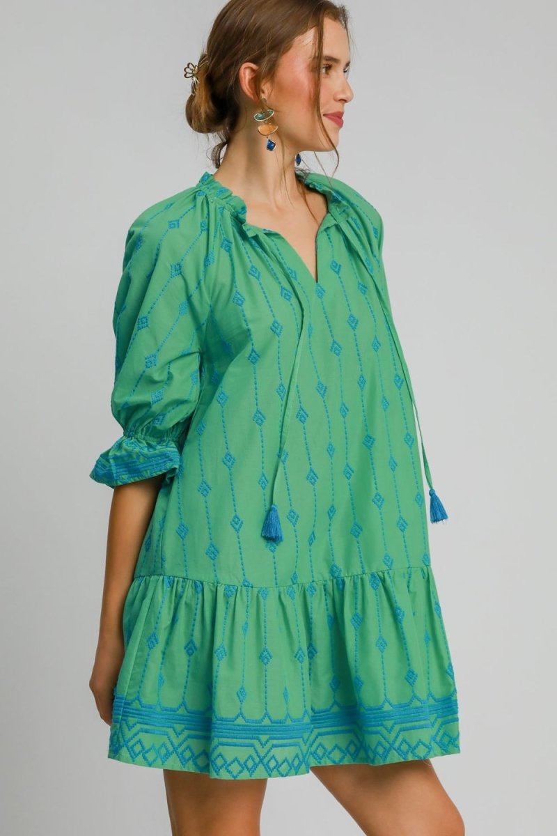 Umgee Full Size Tassel Embroidered Flounce Sleeve Mini Dress Plus Size - New Arrivals