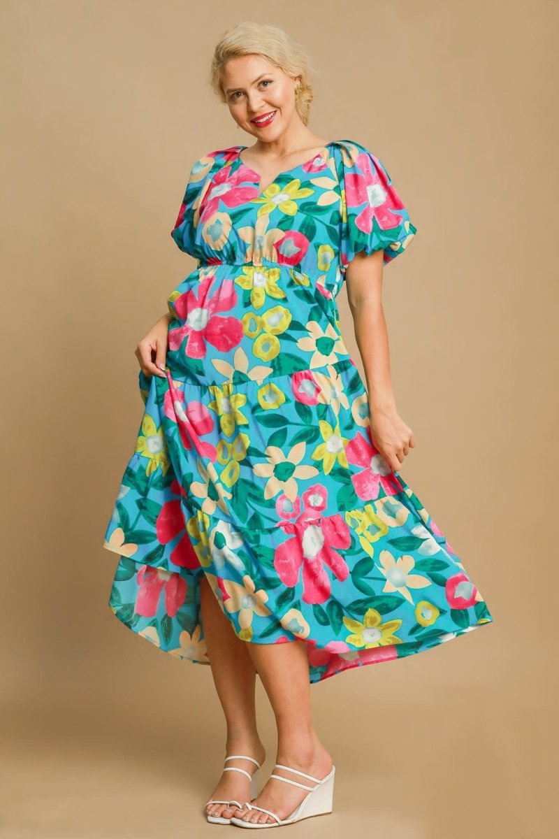 Umgee Full Size Tiered Floral Print Notched Puff Sleeve Midi Dress Plus Size - New Arrivals