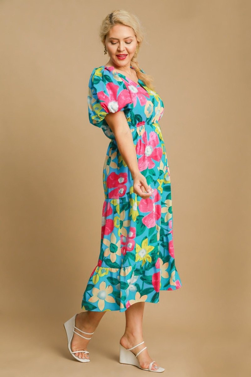 Umgee Full Size Tiered Floral Print Notched Puff Sleeve Midi Dress Plus Size - New Arrivals